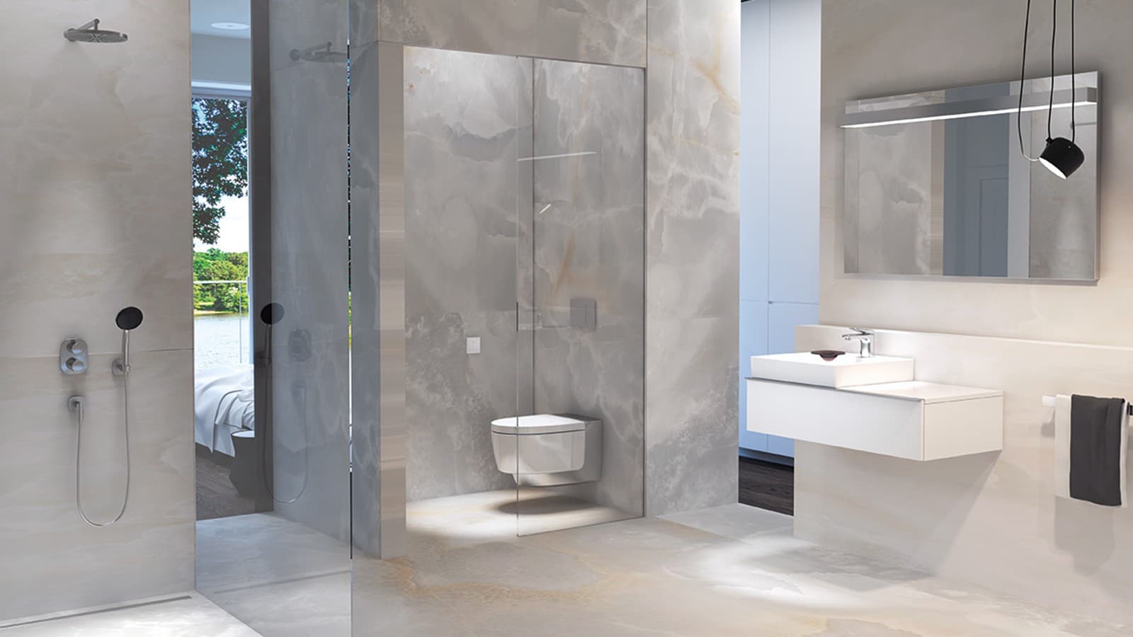 Badezimmer im Marmor-Look mit Dusch-WC Geberit AquaClean Mera und der Badserie Geberit iCon Badezimmer im Marmor-Look mit Dusch-WC Geberit AquaClean Mera und der Badserie Geberit iCon